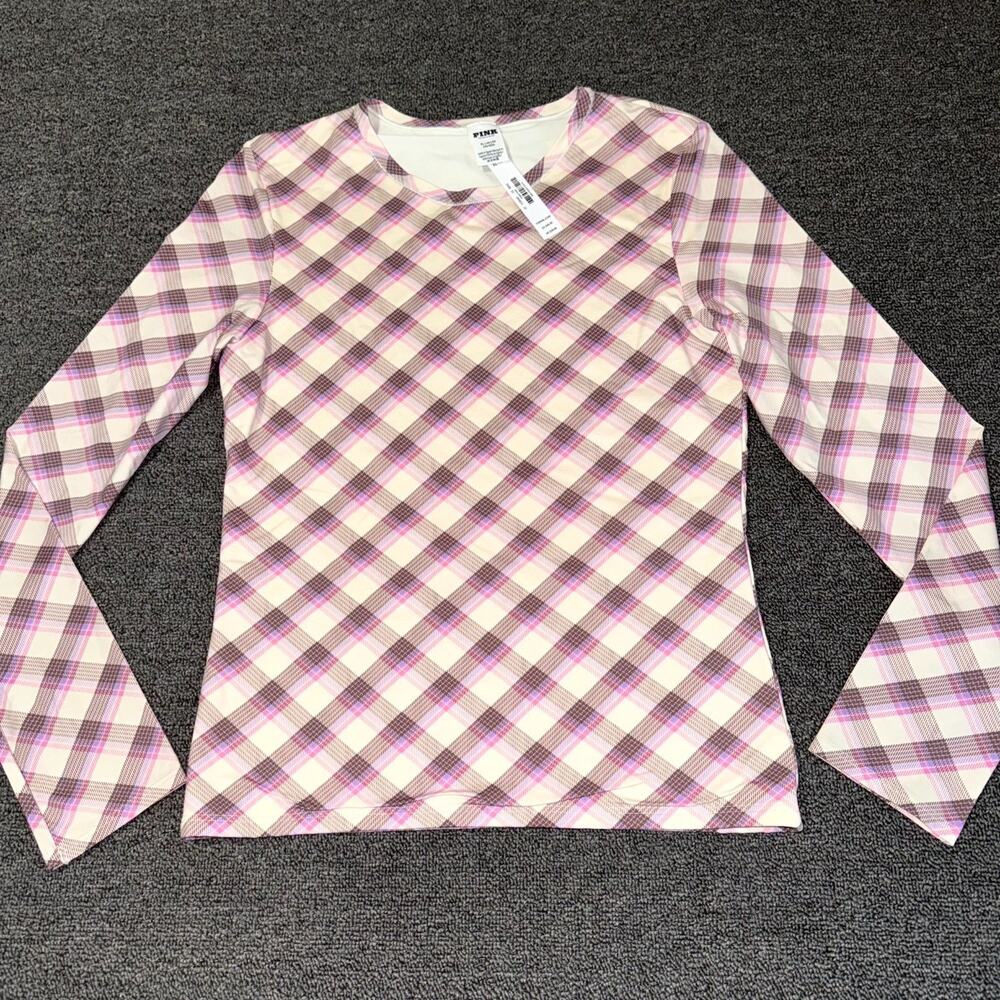 Victoria’s Secret PINK Base Stretch Long Sleeve T-Shirt Womens XL Pink Plaid NWT